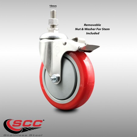 Service Caster 5 Inch 316SS Red Polyurethane Swivel 10mm Stem Caster Total Lock Brake SCC SCC-SS316TSTTL20S514-PPUB-RED-M1015